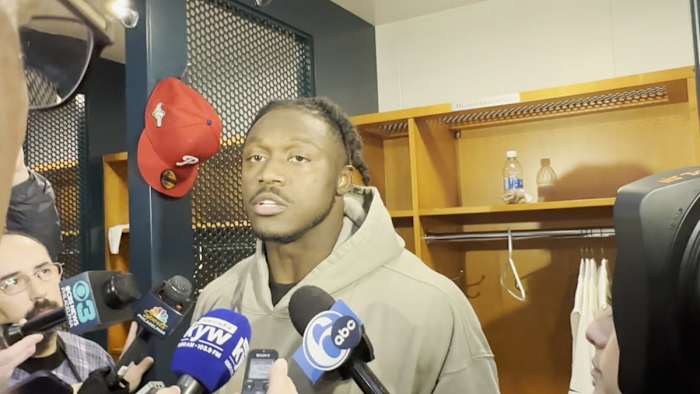 A.J. Brown talks after the Philadelphia Eagles fell to 10-2 after losing to the San Francisco 49ers, 42-19, in Week 13.